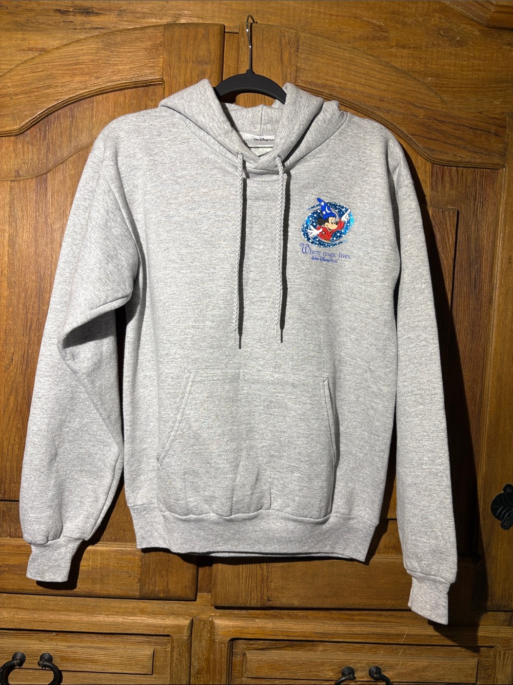 Gray Disney Pullover Hoodie with Small Front Graphic and large back graphic.